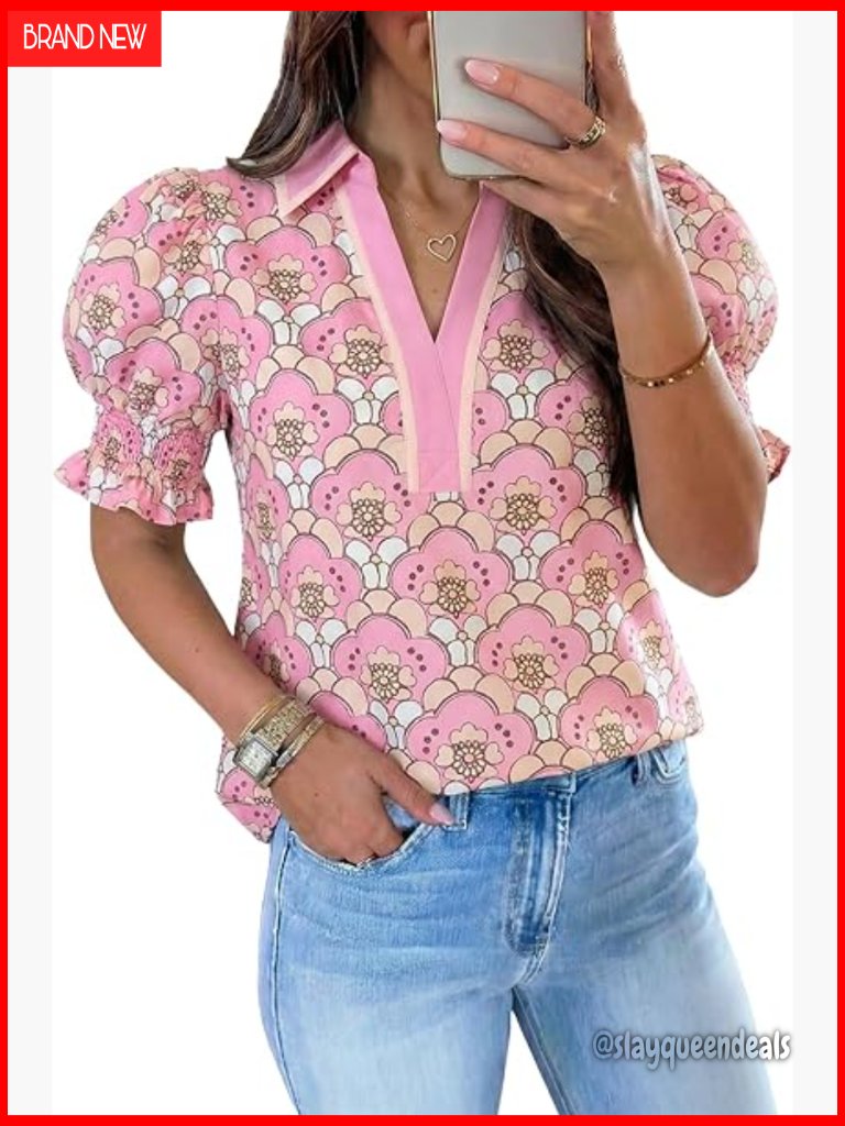Floral Puff Sleeve Blouse V-Neck Loose Fit Boho Top